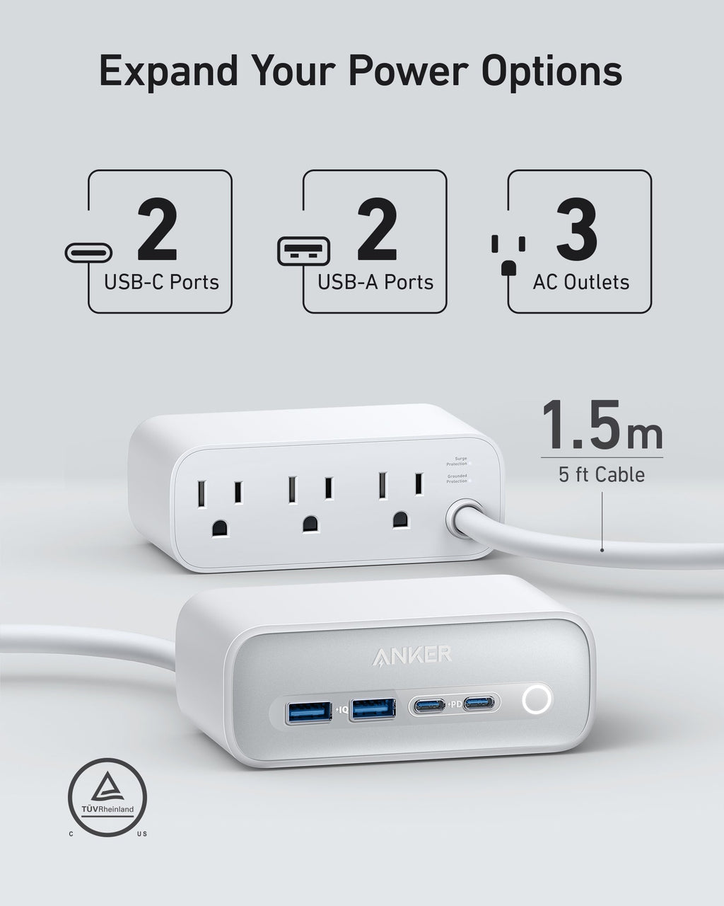 Anker 525 Charging Station - 7 In 1 Hub With 3 Outlets And 2 USB Ports For Safe Multi-Device Charging by Anker
