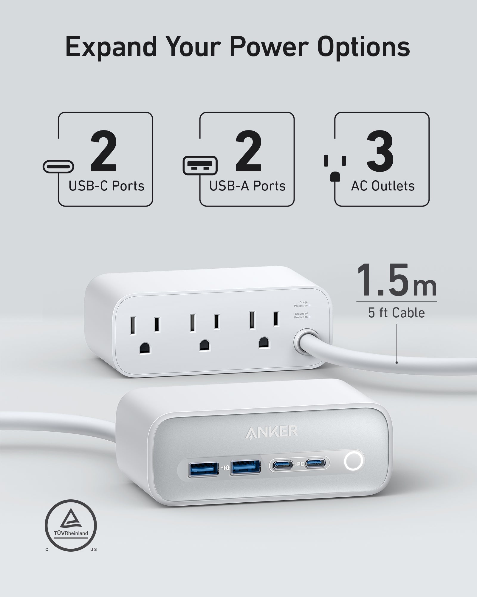 Anker 525 Charging Station - 7 In 1 Hub With 3 Outlets And 2 USB Ports For Safe Multi-Device Charging by Anker