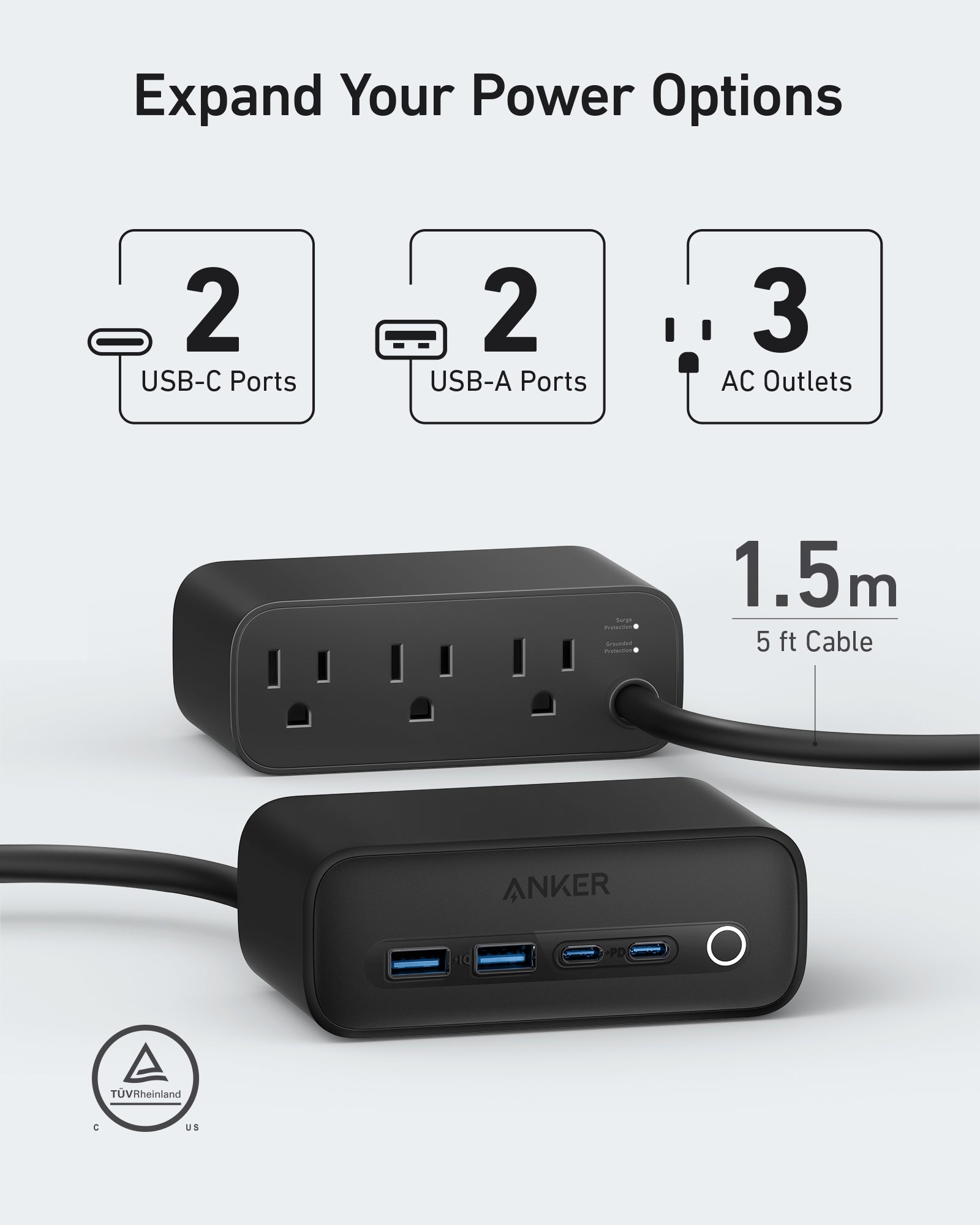 Anker 525 Charging Station - 7 In 1 Hub With 3 Outlets And 2 USB Ports For Safe Multi-Device Charging by Anker