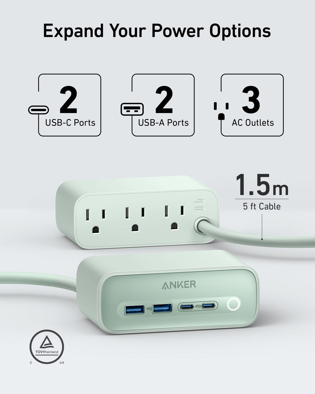 Anker 525 Charging Station - 7 In 1 Hub With 3 Outlets And 2 USB Ports For Safe Multi-Device Charging by Anker