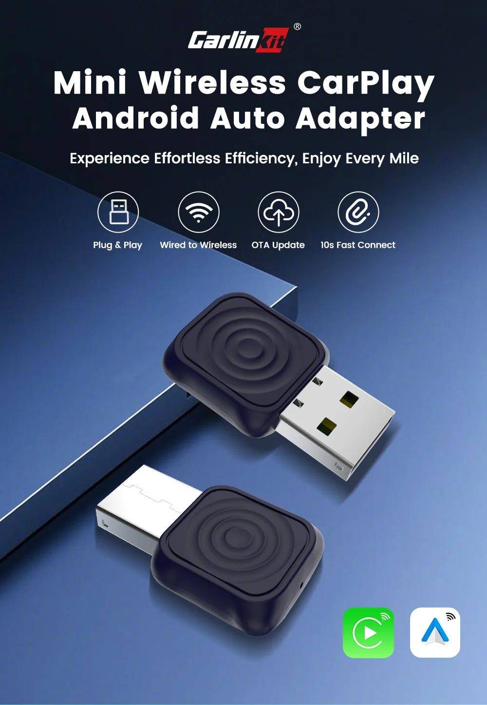 2 in 1 Car Kit 5.0 Ultra Wireless CarPlay Android Auto Adapter