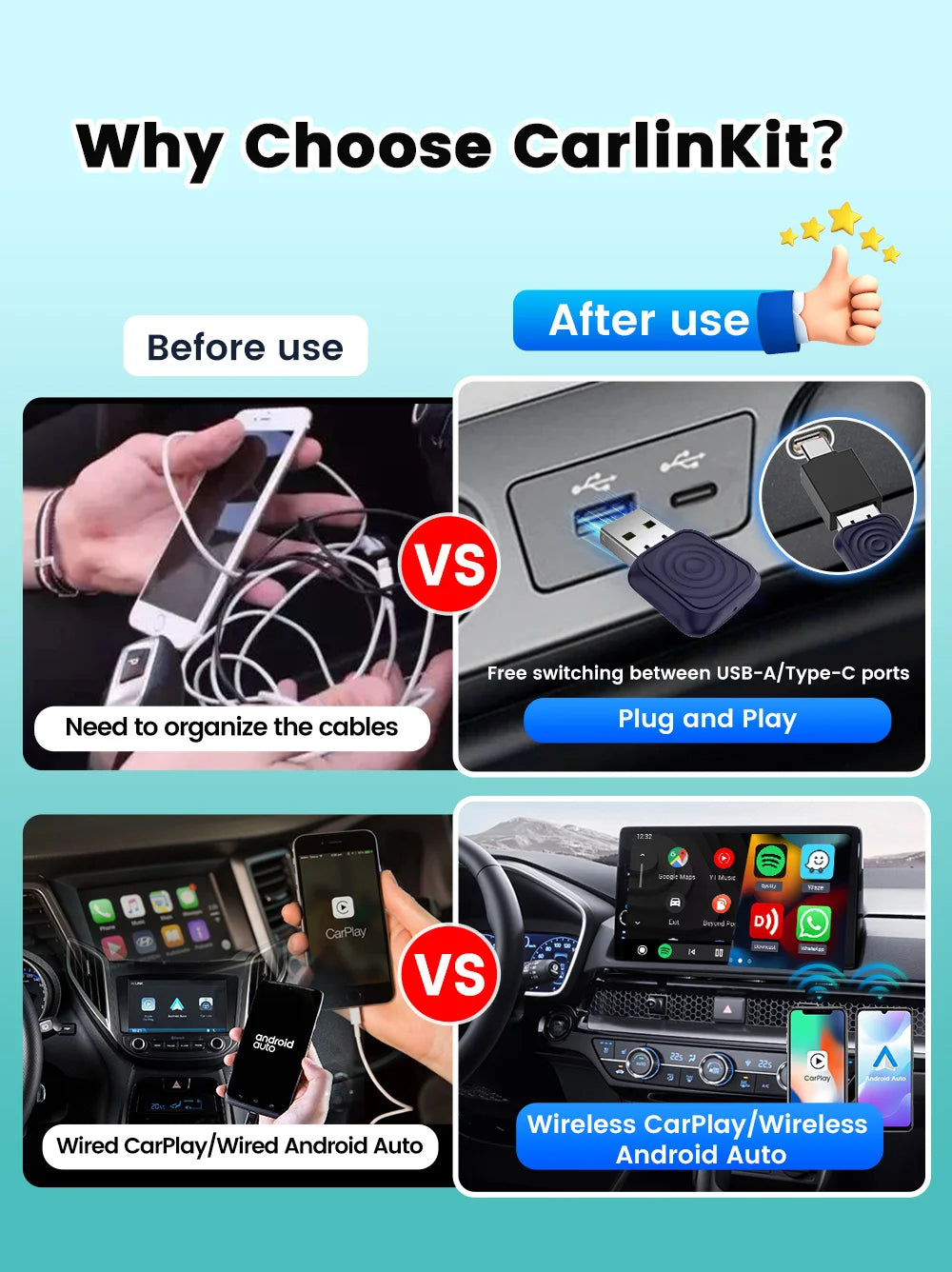2 in 1 Car Kit 5.0 Ultra Wireless CarPlay Android Auto Adapter