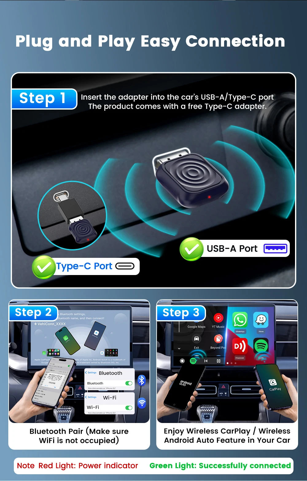 2 in 1 Car Kit 5.0 Ultra Wireless CarPlay Android Auto Adapter