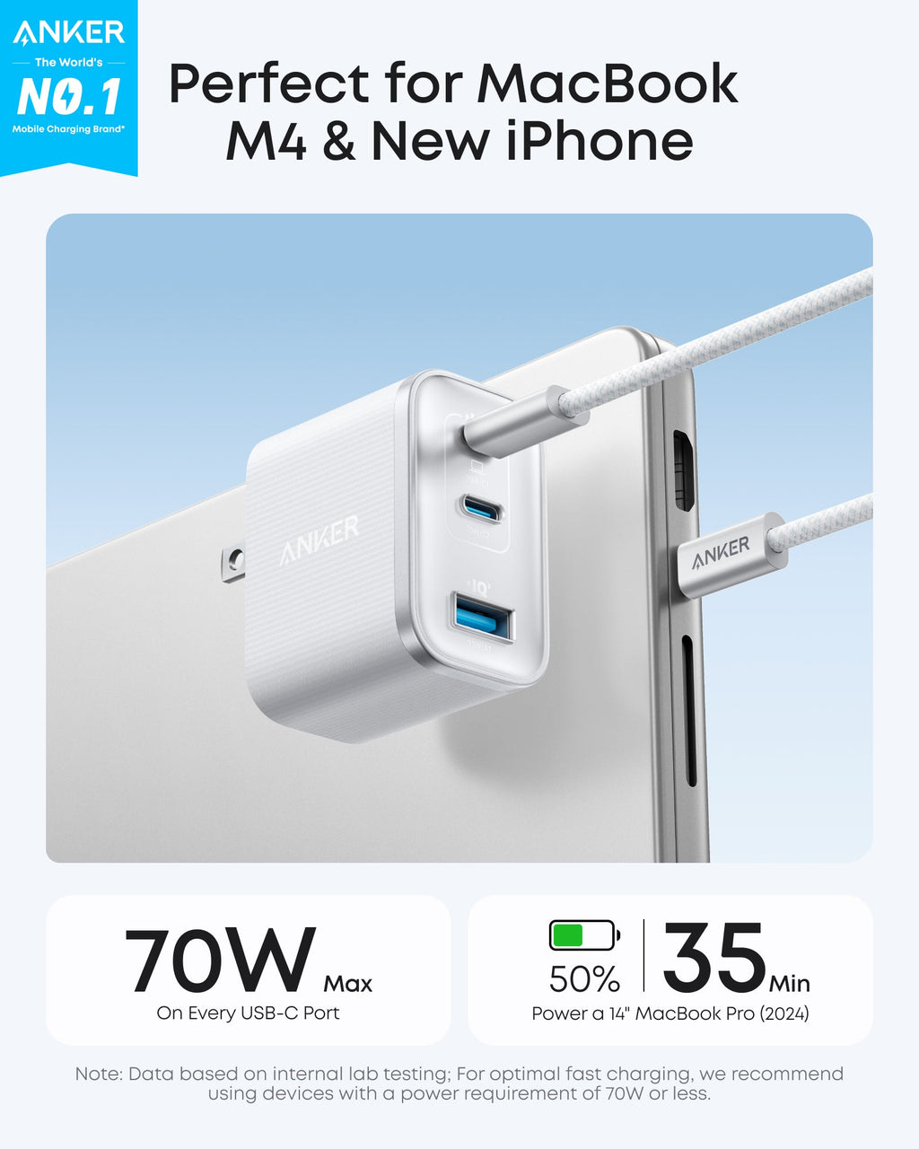 Anker Nano Charger 70W 3-Port - Ultra-Compact Fast USB-C Power for MacBook Pro and On the Go by Anker
