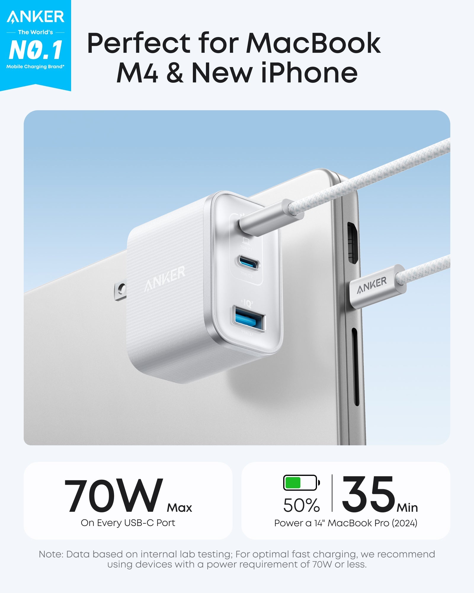Anker Nano Charger 70W 3-Port - Ultra-Compact Fast USB-C Power for MacBook Pro and On the Go by Anker