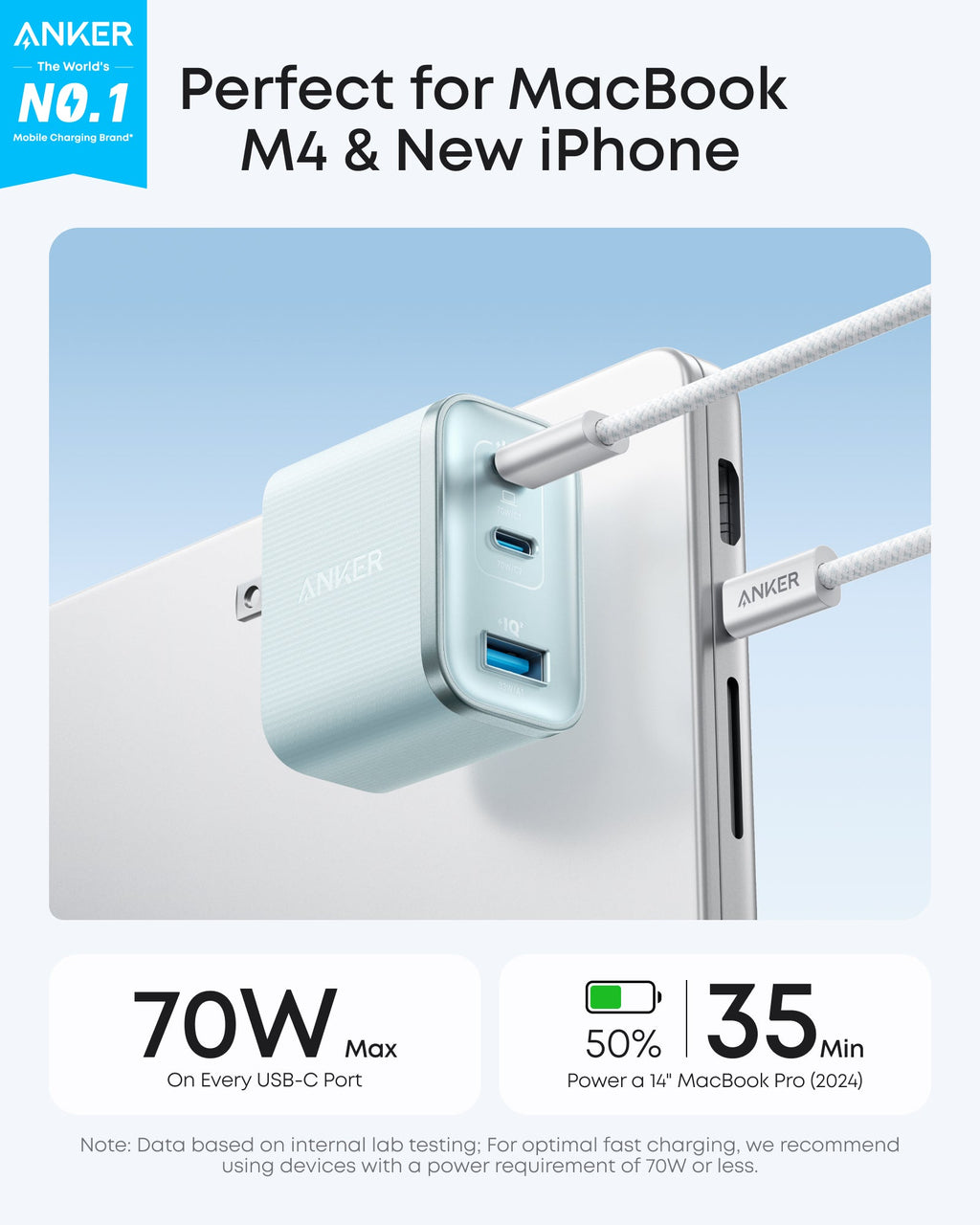 Anker Nano Charger 70W 3-Port - Ultra-Compact Fast USB-C Power for MacBook Pro and On the Go by Anker