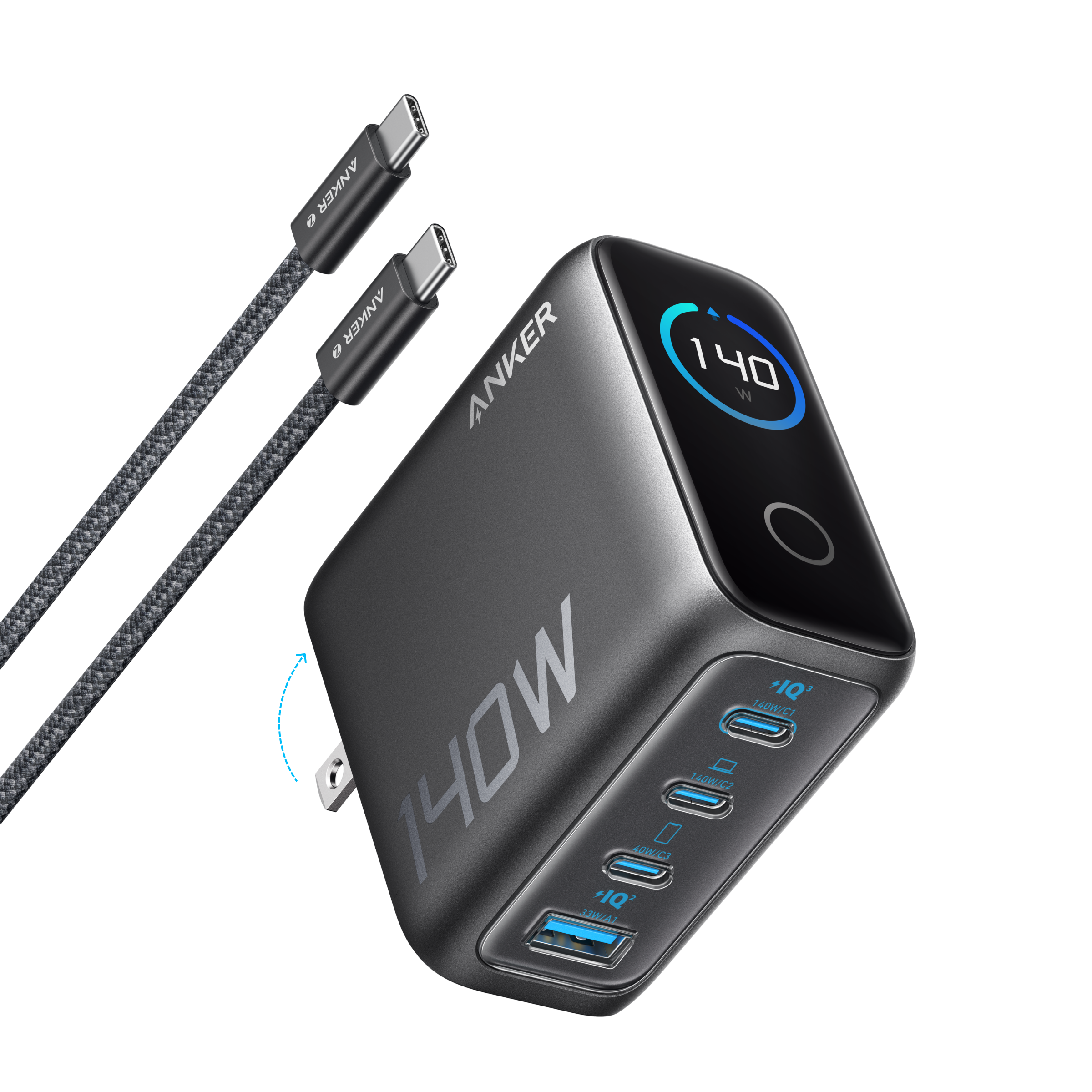 Anker 140W 4-Port PD 3.1 GaN Charger With USB C Cable - Fast Safe Multi Device Charging For Laptops Phones by Anker