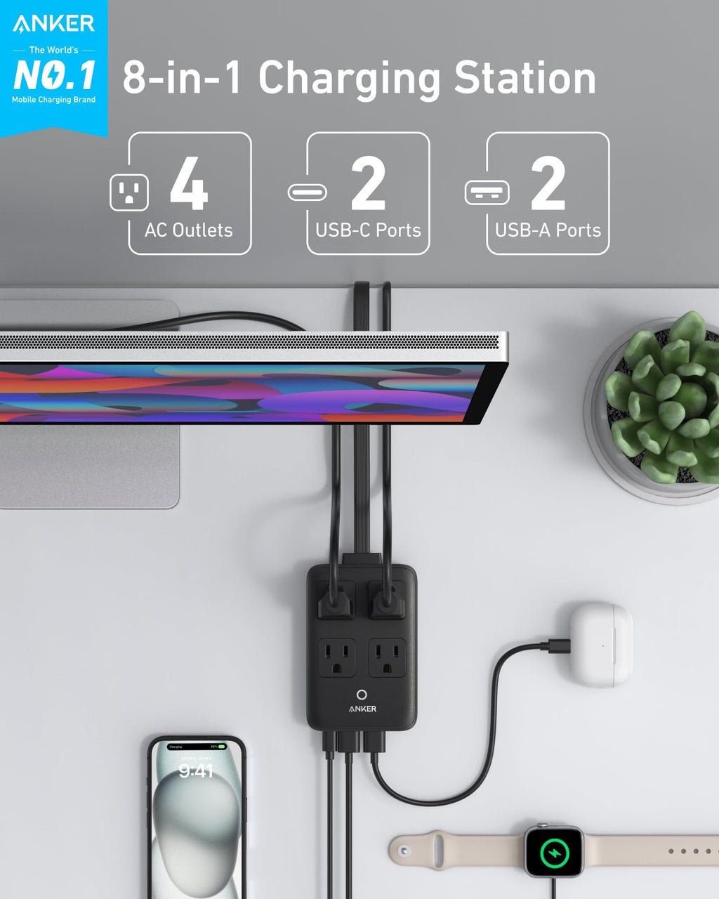 Anker Charging Station 8-in-1 20W - Compact Desk Power Hub With USB-C USB-A And AC Outlets by Anker