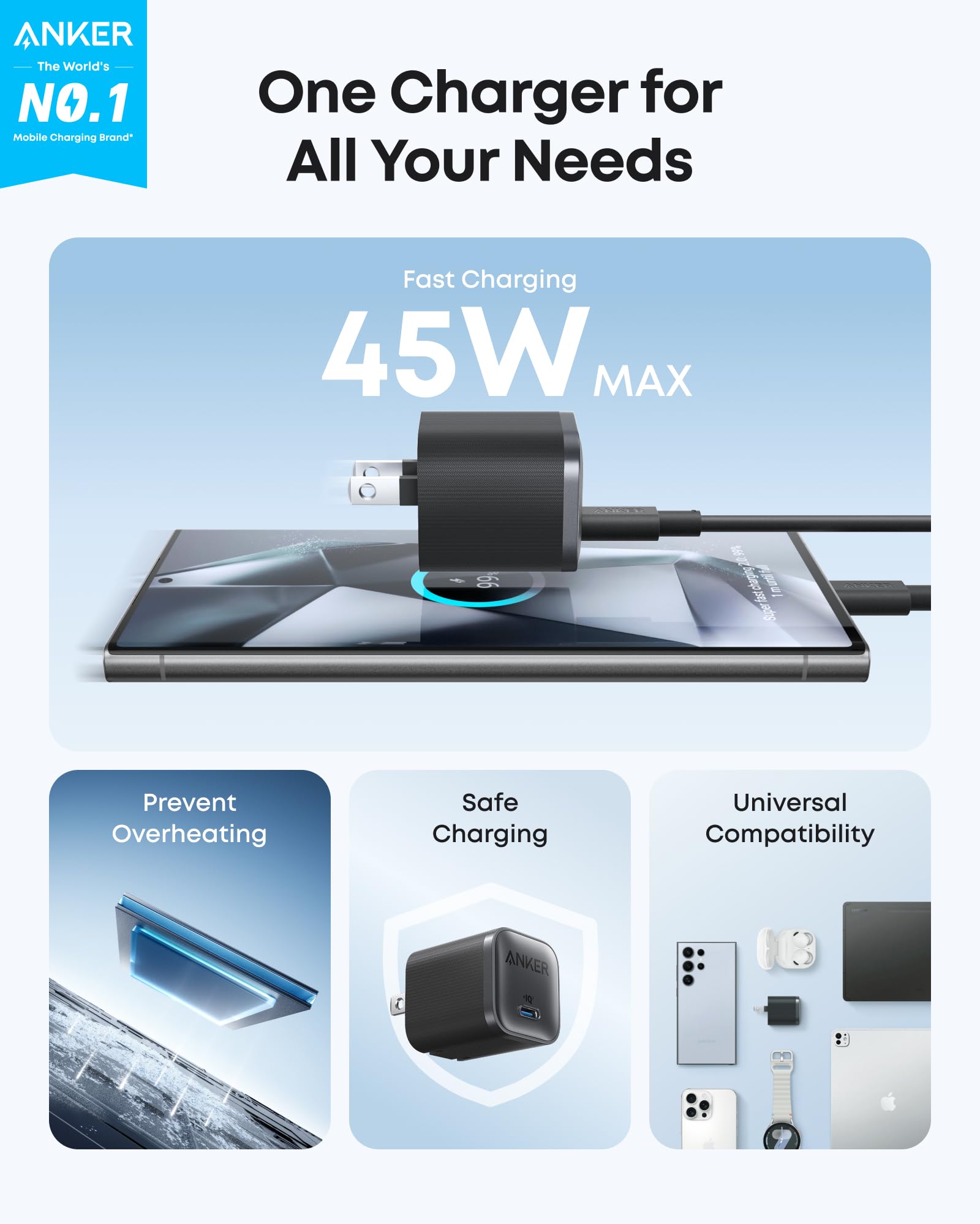 Anker Nano Charger 45W With USB C To USB C Cable - GaN Fast Charging For On The Go Travel by Anker