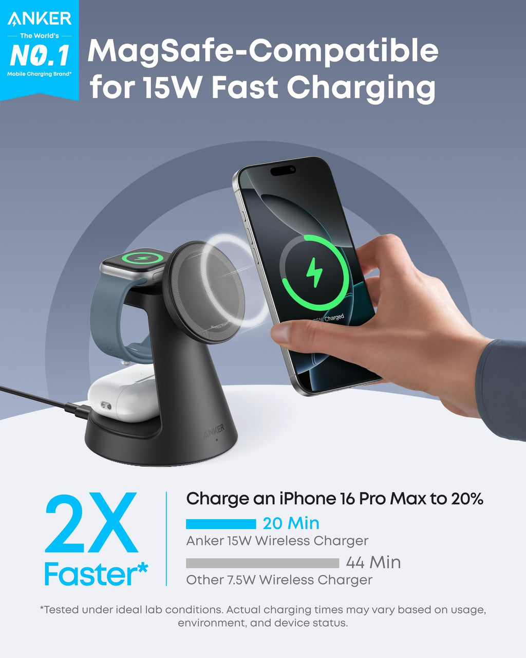 Anker MagGo Wireless Charging Station 3-In-1 Dock Stand - MagSafe 15W Fast Charger for Phone Watch by Anker