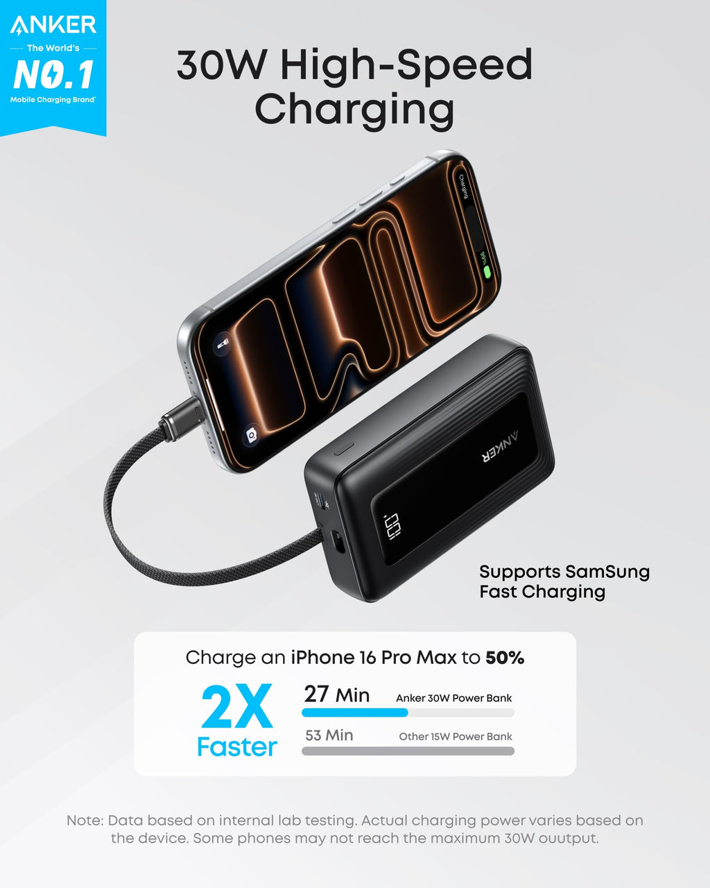 Anker Zolo Power Bank (10K, 30W) with a 5.4-inch (13.7 cm) built-in USB-C cable. by Anker