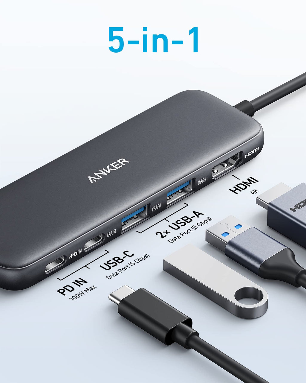 Anker 332 USB-C Hub - 4K HDMI, 85W Pass-Through Charging, Two USB-A Ports, 5Gbps USB-C Data, 100W PD-In by Anker