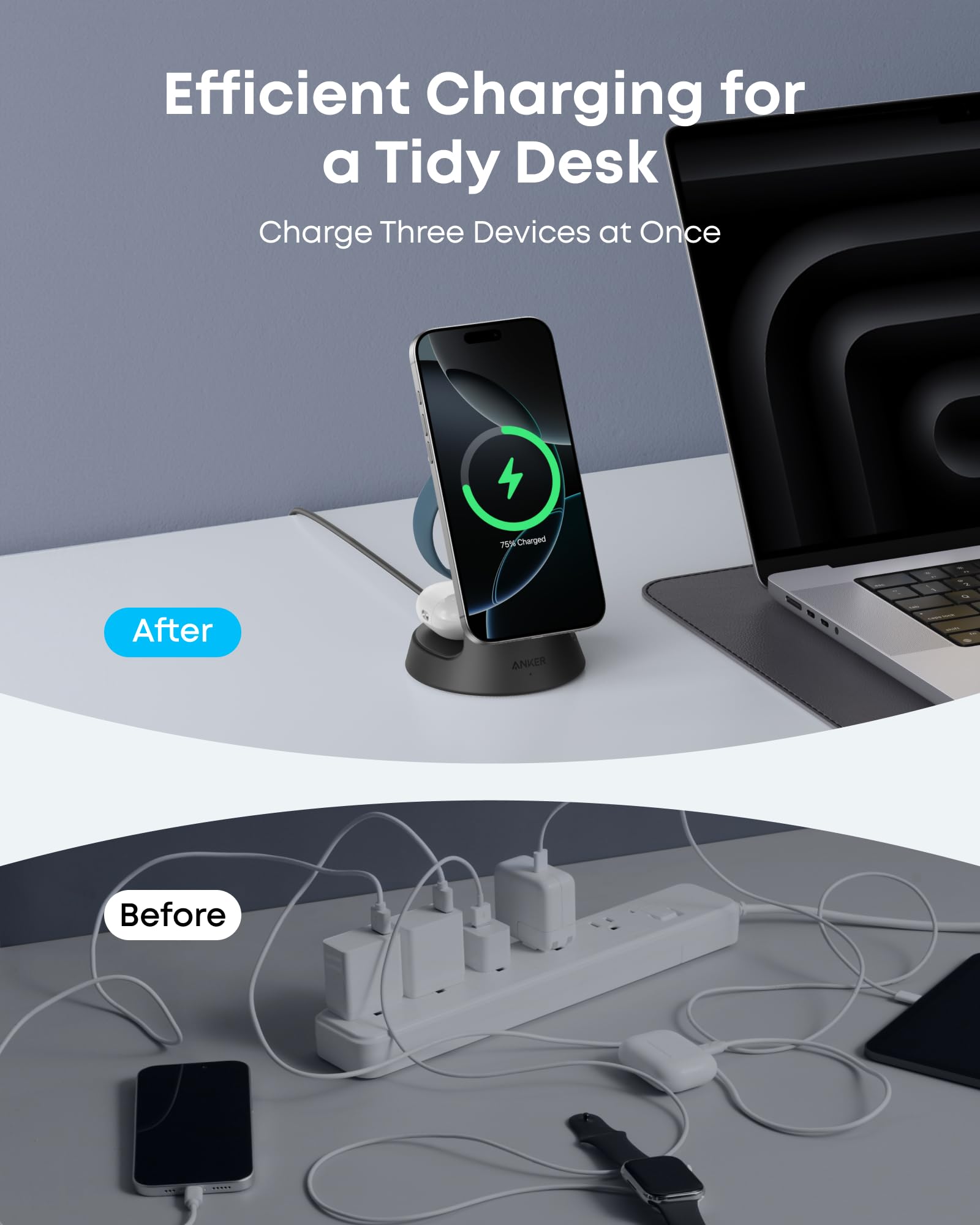 Anker MagGo Wireless Charging Station 3-In-1 Dock Stand - MagSafe 15W Fast Charger for Phone Watch by Anker