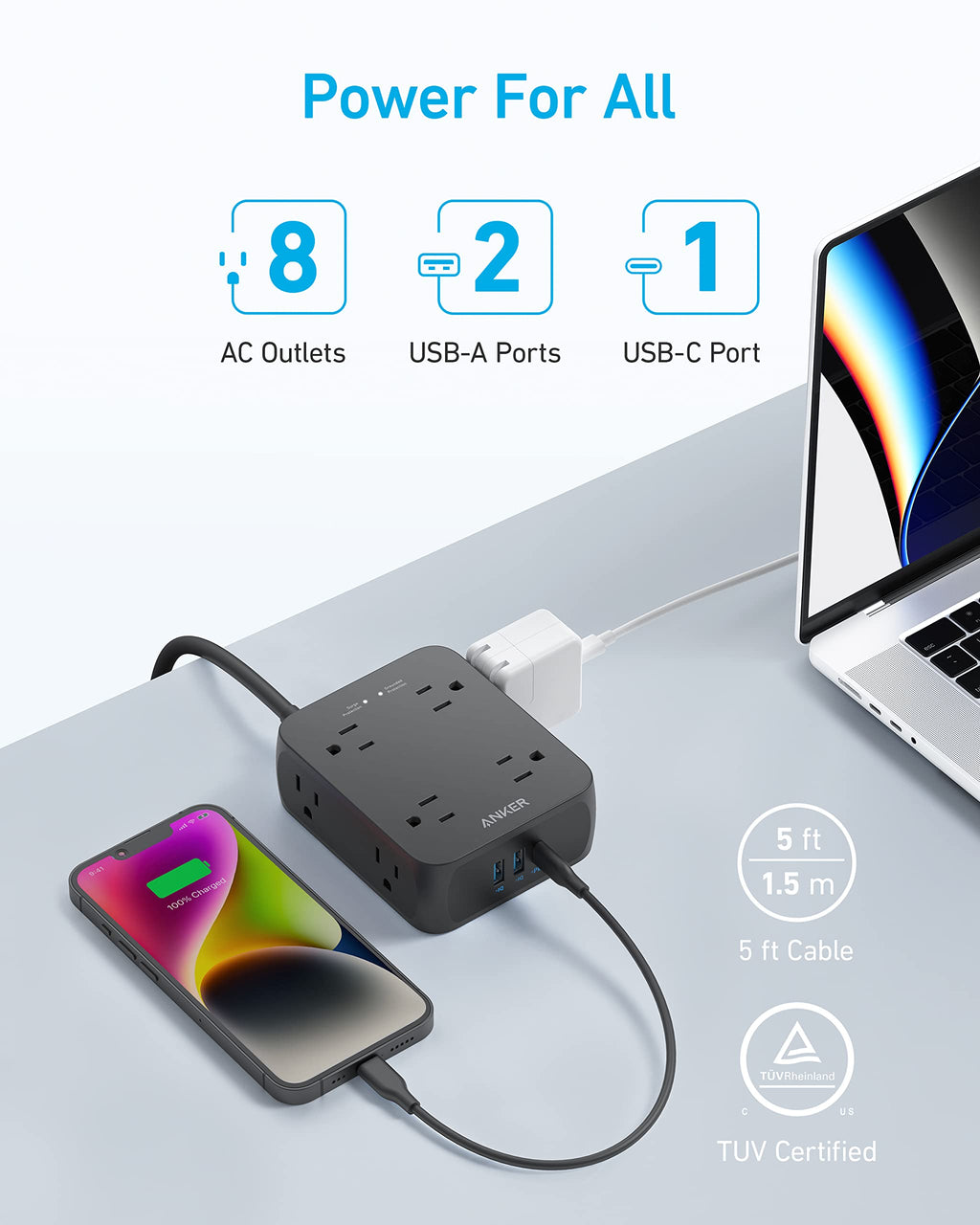 Anker 341 USB Power Strip 11 In 1 Compact Hub With 8 AC Outlets And USB C Port For Desks by Anker
