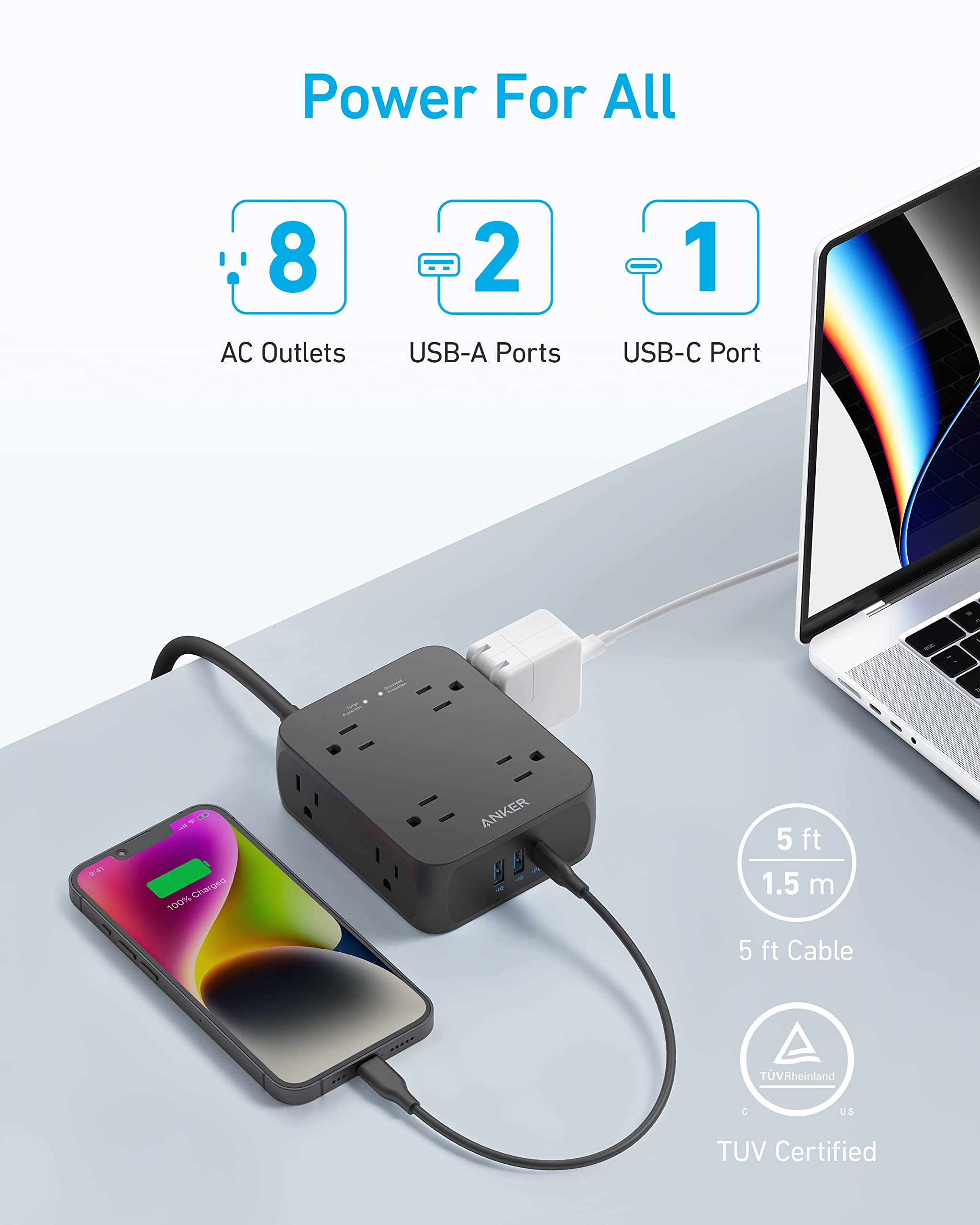 Anker 341 USB Power Strip 11 In 1 Compact Hub With 8 AC Outlets And USB C Port For Desks by Anker
