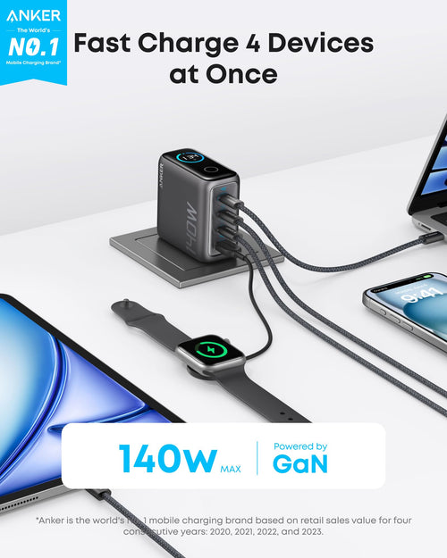 Anker 140W 4-Port PD 3.1 GaN Charger With USB C Cable - Fast Safe Multi Device Charging For Laptops Phones by Anker