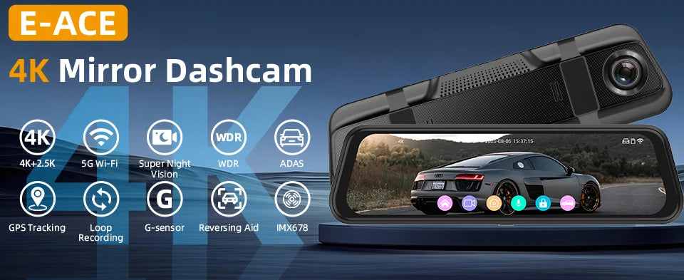 E-ACE 4K Dashcam 9.66'' Mirror Dash Car Camera 2.5K Rear Camera Support WIFI GPS ADAS Touch Screen Video Recorder Black Box by Tech-Home Store