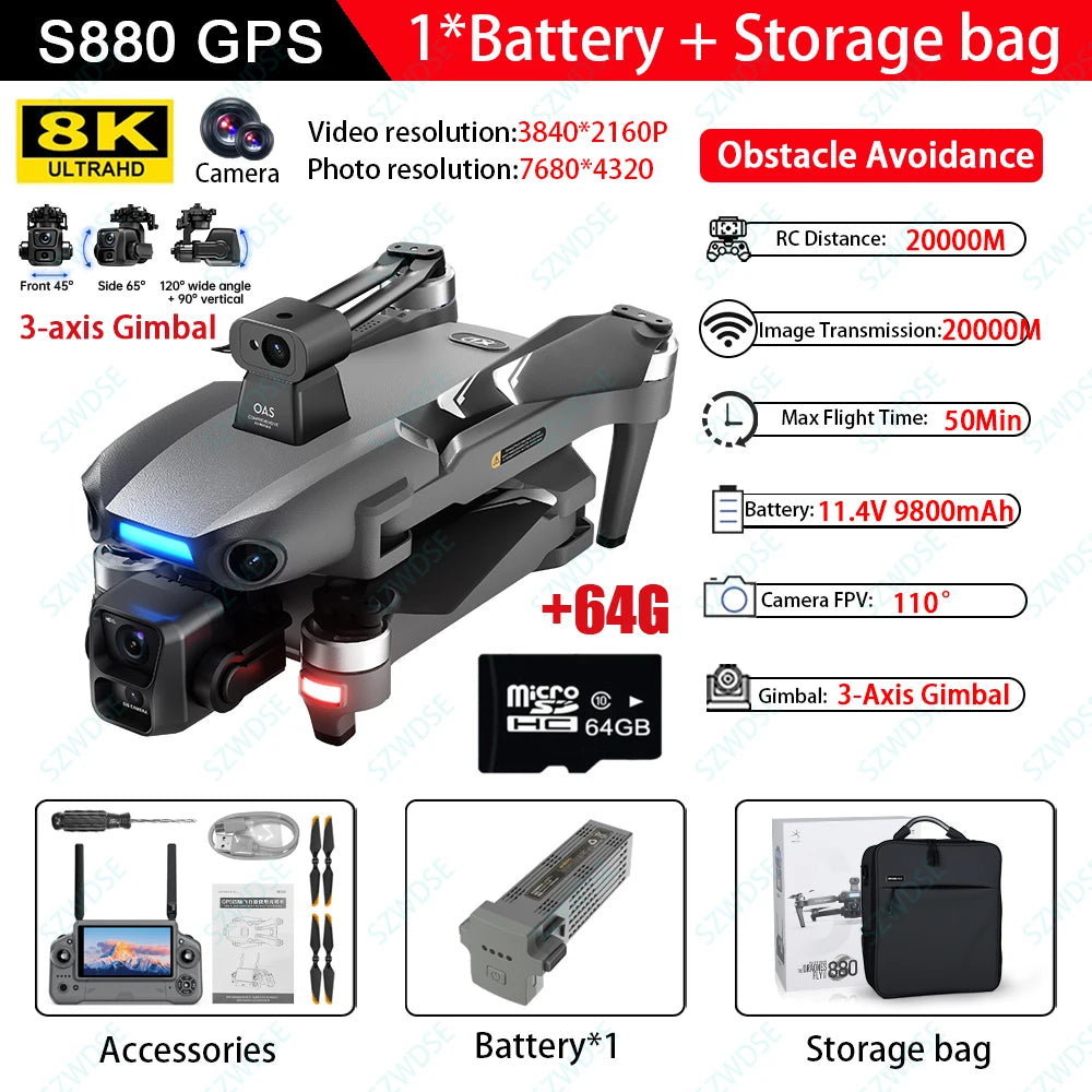 S880 Pro Max Professional GPS Drone - 8K Camera, 3 Axis Gimbal, 5G WiFi, Brushless by Tech-Home Store