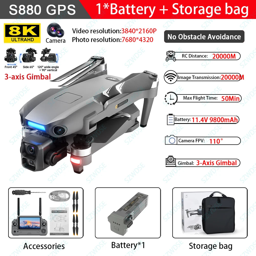 S880 Pro Max Professional GPS Drone - 8K Camera, 3 Axis Gimbal, 5G WiFi, Brushless by Tech-Home Store