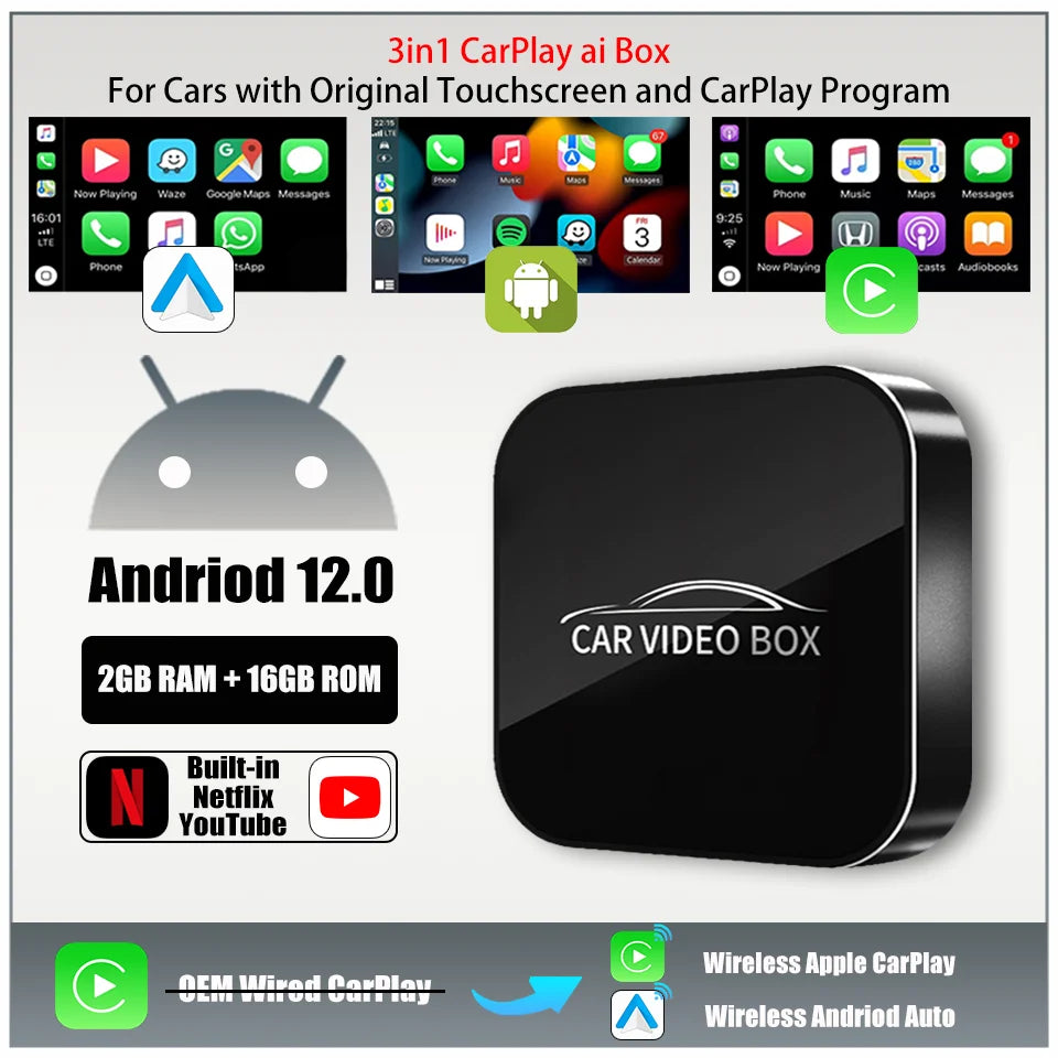 2025 New Andriod 12.0 Video Box Wireless Android Auto & Wireless Carplay 3in1 Smart Multimedia Adapter Built-in Netflix YouTube by Tech-Home Store