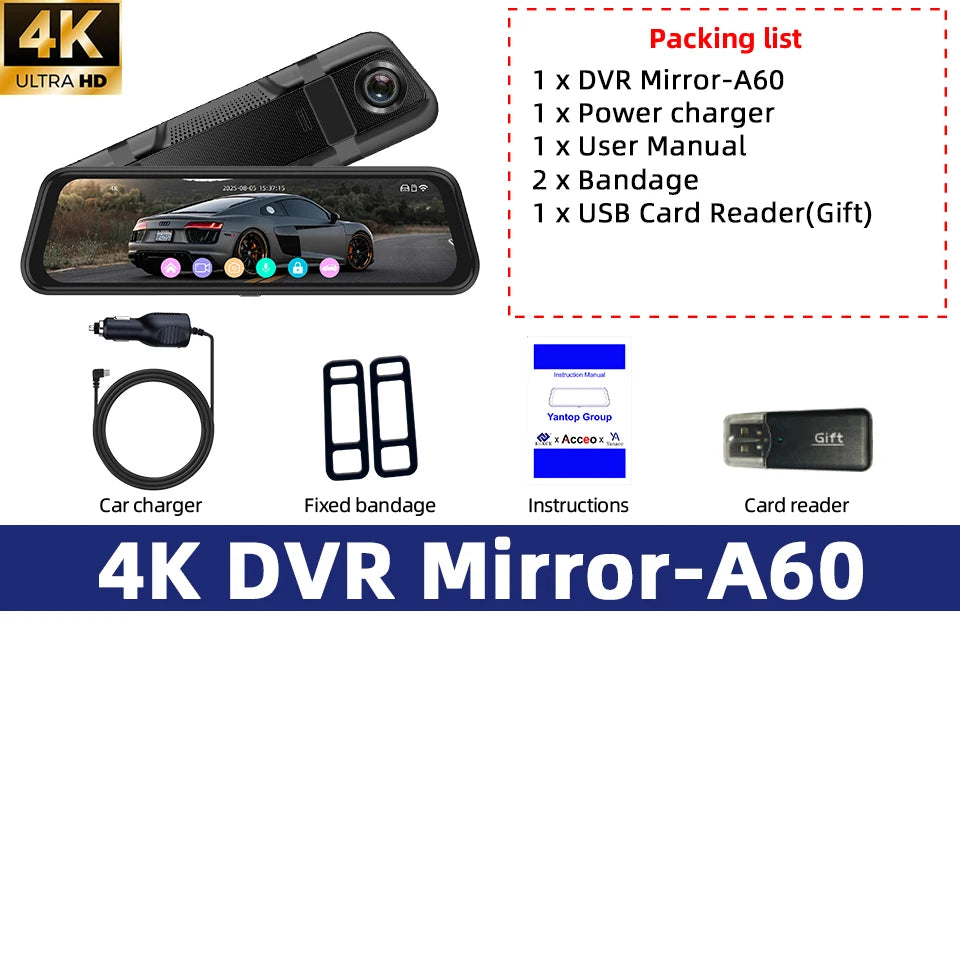 E-ACE 4K Dashcam 9.66'' Mirror Dash Car Camera 2.5K Rear Camera Support WIFI GPS ADAS Touch Screen Video Recorder Black Box by Tech-Home Store