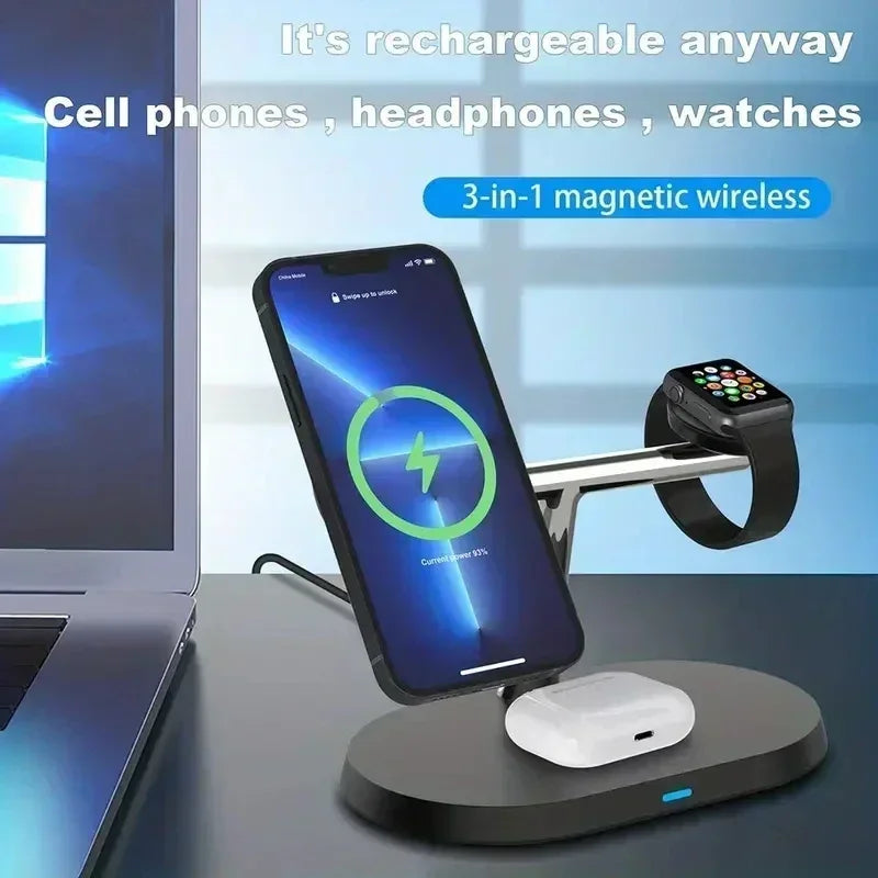 MagCharge Magnetic Wireless Charger Stand 3-In-1 For IPhone 12 Through 16 Pro Apple Watch And AirPods - 15W Fast Charging by Tech-Home Store