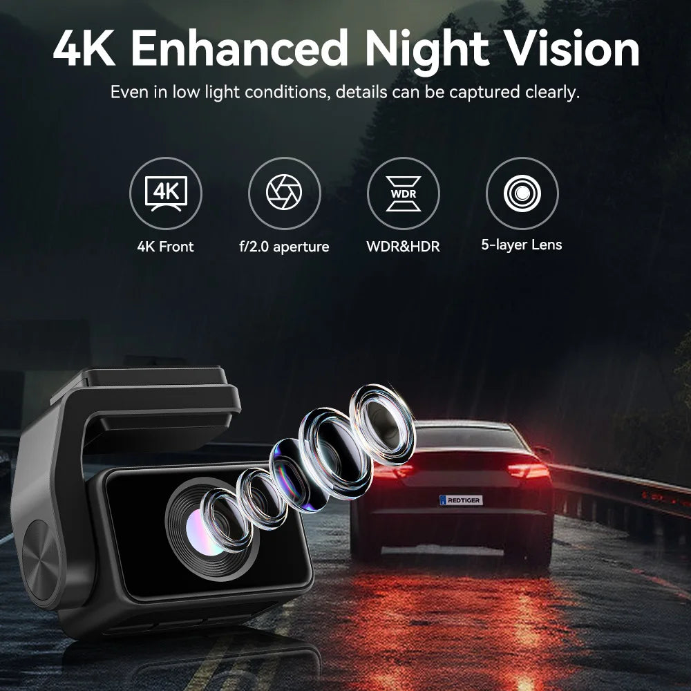 REDTIGER A4 4K Dash Cam Front And Rear Drive Recorder With GPS And 5G WiFi Touch Screen Night Vision - 24H Parking Mode by Tech-Home Store