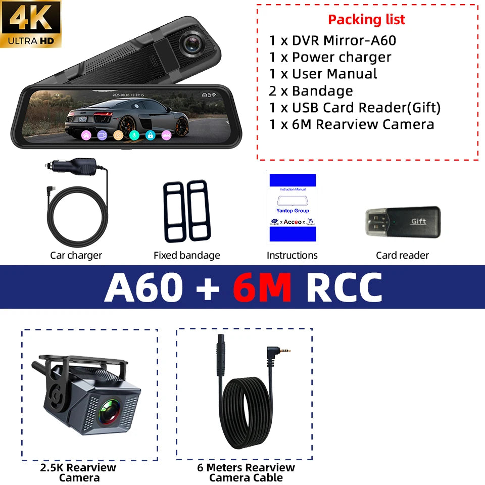 E-ACE 4K Dashcam 9.66'' Mirror Dash Car Camera 2.5K Rear Camera Support WIFI GPS ADAS Touch Screen Video Recorder Black Box by Tech-Home Store
