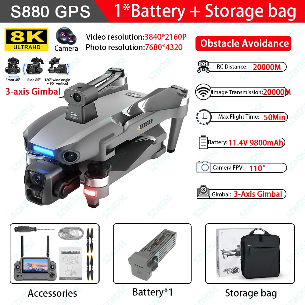 S880 Pro Max Professional GPS Drone - 8K Camera, 3 Axis Gimbal, 5G WiFi, Brushless by Tech-Home Store