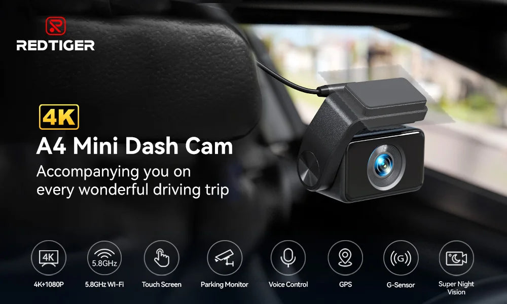REDTIGER A4 4K Dash Cam Front And Rear Drive Recorder With GPS And 5G WiFi Touch Screen Night Vision - 24H Parking Mode by Tech-Home Store