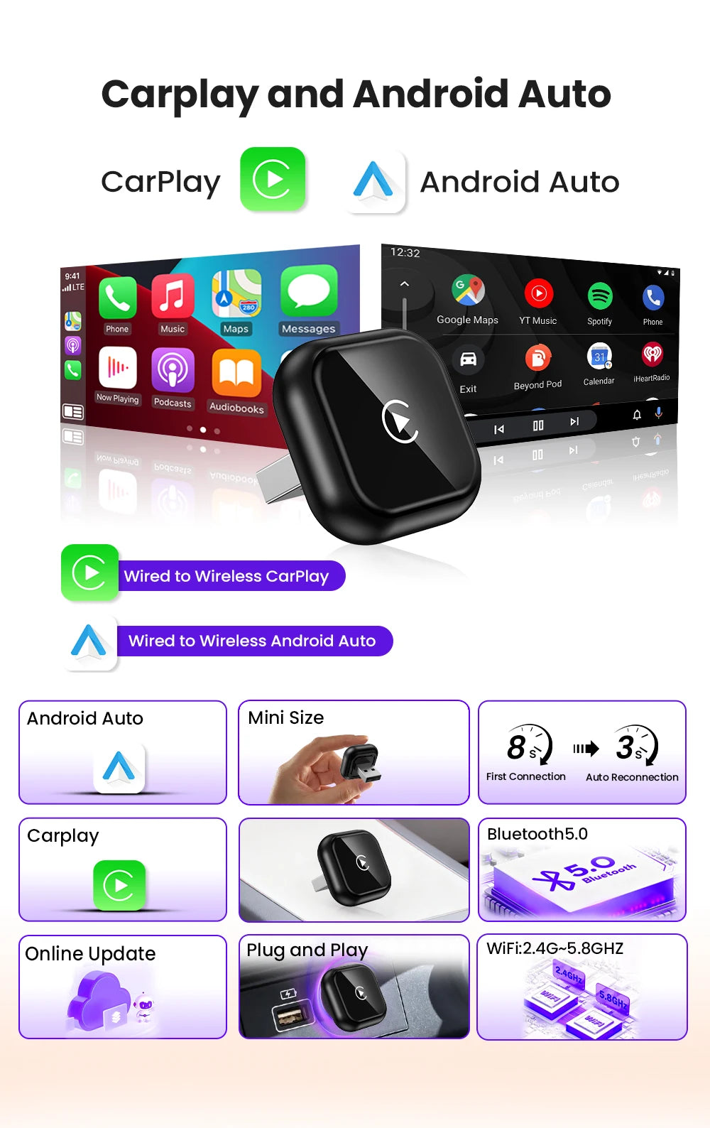 2026 NEW Wireless Carplay Adapter Android Auto 2in 1 Smart Dongle For iphone Android Phone For Volvo Benz Mg Kia Chery VW Honda by Tech-Home Store