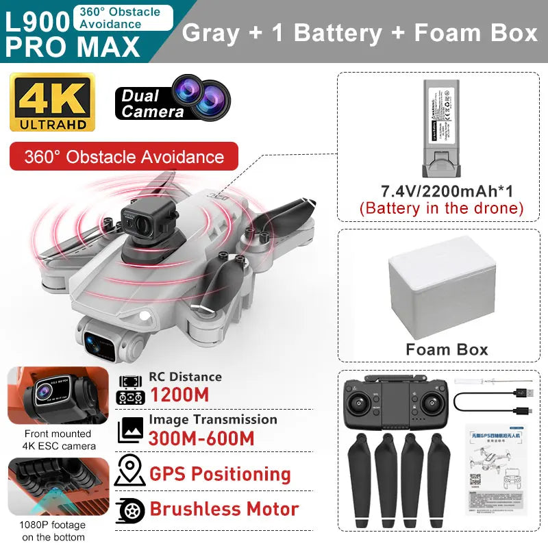 L900 PRO MAX 360 Degree Obstacle Avoidance GPS Drone - Dual 4K Cameras, 5G WiFi FPV, Foldable RC Quadcopter by Tech-Home Store