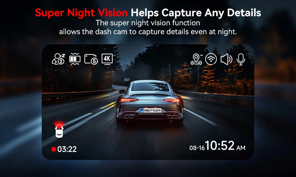 REDTIGER A4 4K Dash Cam Front And Rear Drive Recorder With GPS And 5G WiFi Touch Screen Night Vision - 24H Parking Mode by Tech-Home Store