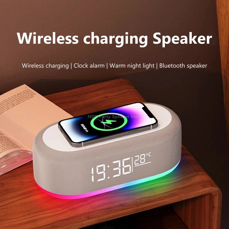 Multifunction 6 in 1 Bluetooth Smart Speakers With Wake Up Clock Colorful RGB Atmosphere Night Light Wireless Charge for IPhone by Tech-Home Store