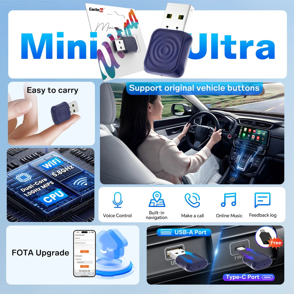 2 in 1 Car Kit 5.0 Ultra Wireless CarPlay Android Auto Adapter