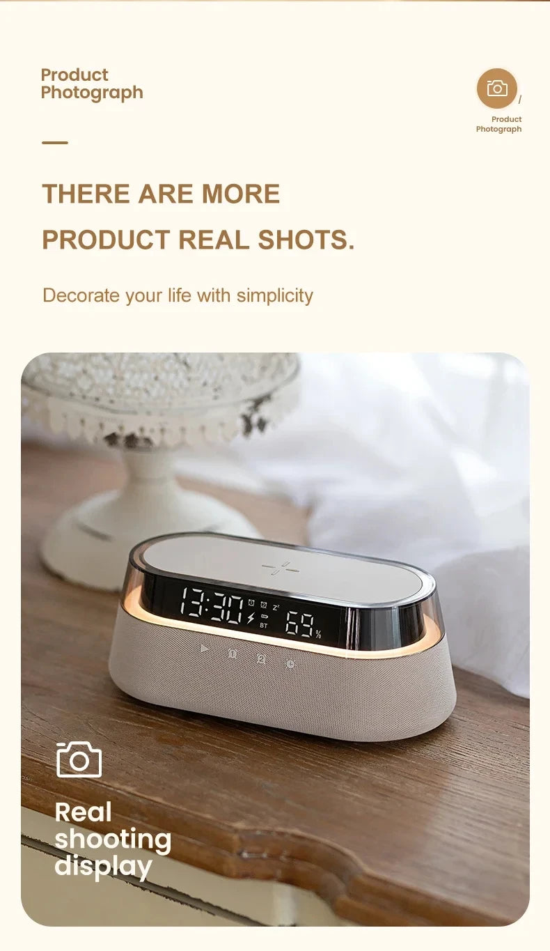 6-in-1 Smart Alarm Clock - 15W Wireless Charger, Bluetooth Speaker, FM Radio, Dual Alarm, USB Charger & RGB Night Light by Tech-Home Store