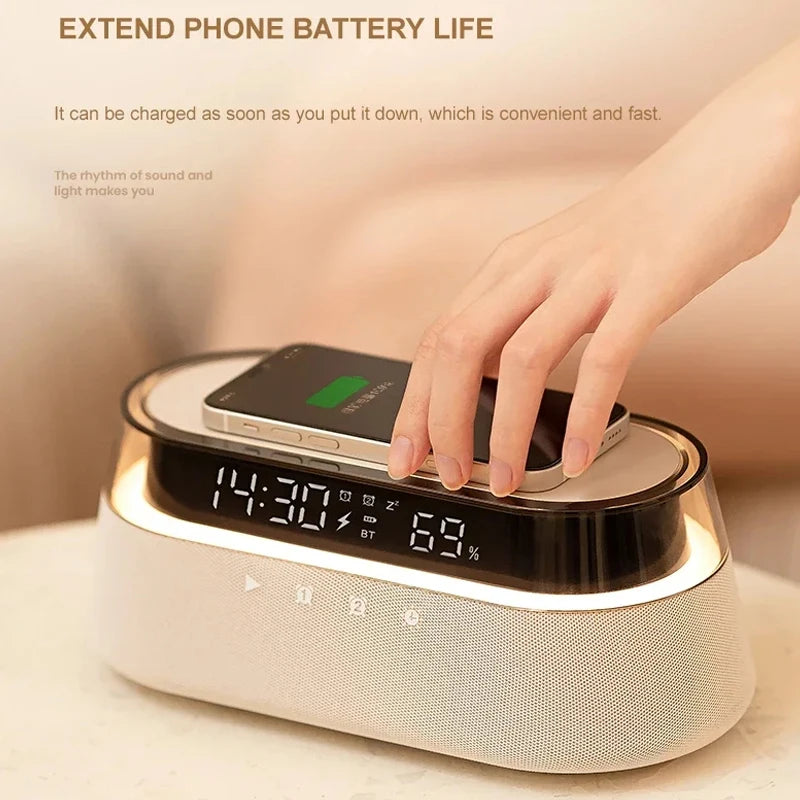 6-in-1 Smart Alarm Clock - 15W Wireless Charger, Bluetooth Speaker, FM Radio, Dual Alarm, USB Charger & RGB Night Light by Tech-Home Store