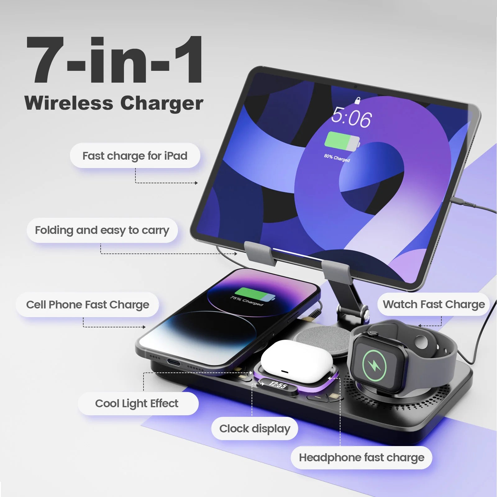 NovaCharge 7-in-1 Wireless Charging Station Magnetic 15W Foldable IPhone 17 16 15 14 13 Apple Watch AirPods - Fast 15W by Tech-Home Store