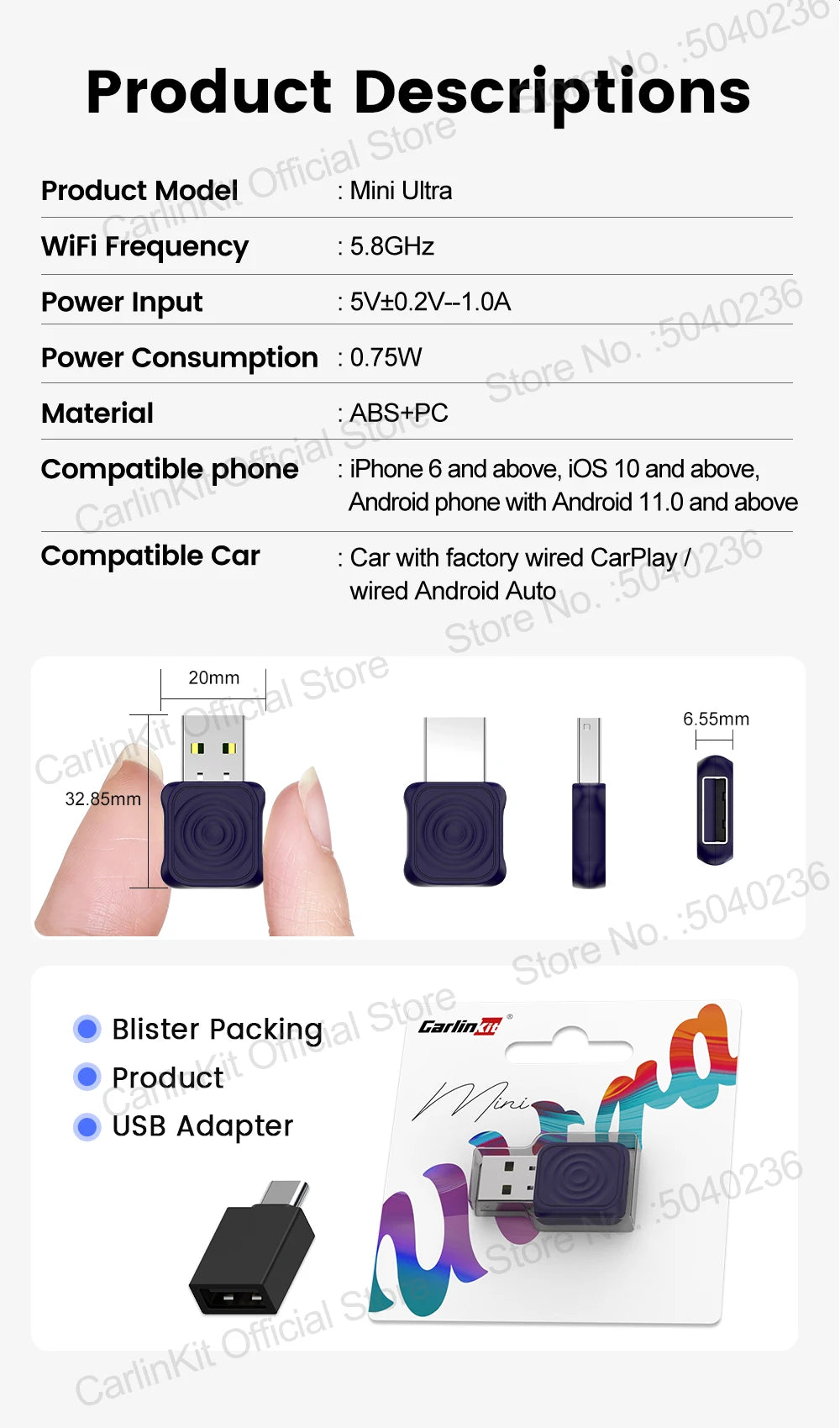 CarlinKit 5.0 Mini Ultra Wireless Adapter Wireless CarPlay Android Auto For OEM Car Plug and Play WiFi Bluetooth Auto Connection by Tech-Home Store