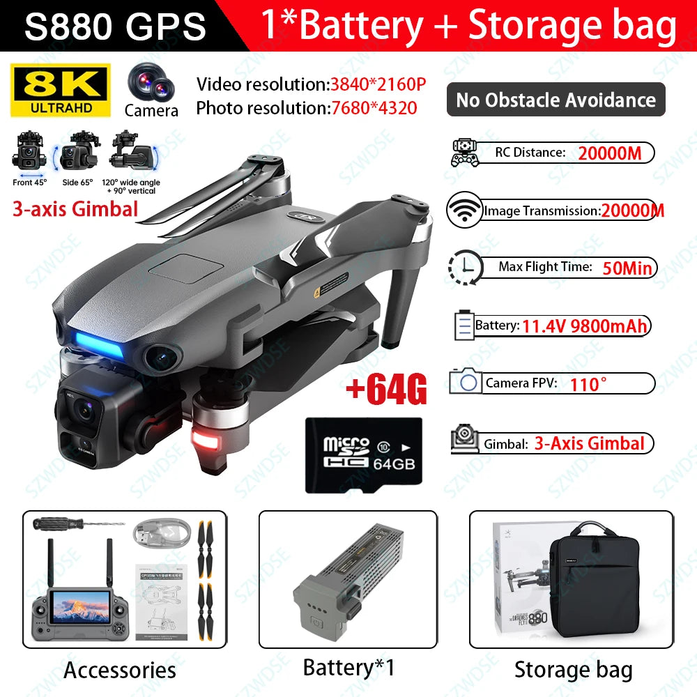 S880 Pro Max Professional GPS Drone - 8K Camera, 3 Axis Gimbal, 5G WiFi, Brushless by Tech-Home Store