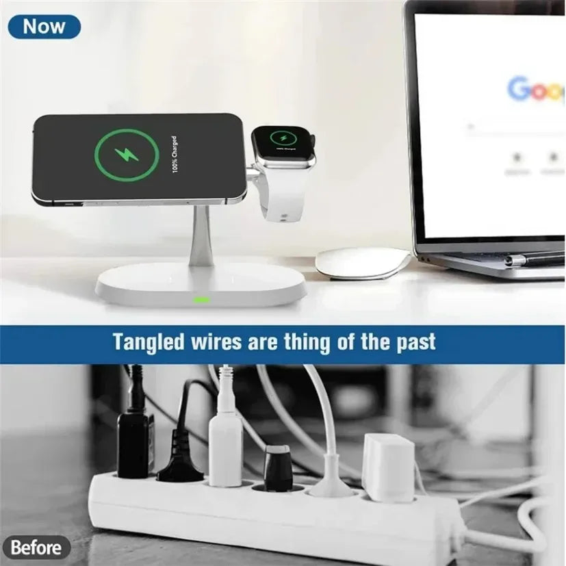 MagCharge Magnetic Wireless Charger Stand 3-In-1 For IPhone 12 Through 16 Pro Apple Watch And AirPods - 15W Fast Charging by Tech-Home Store