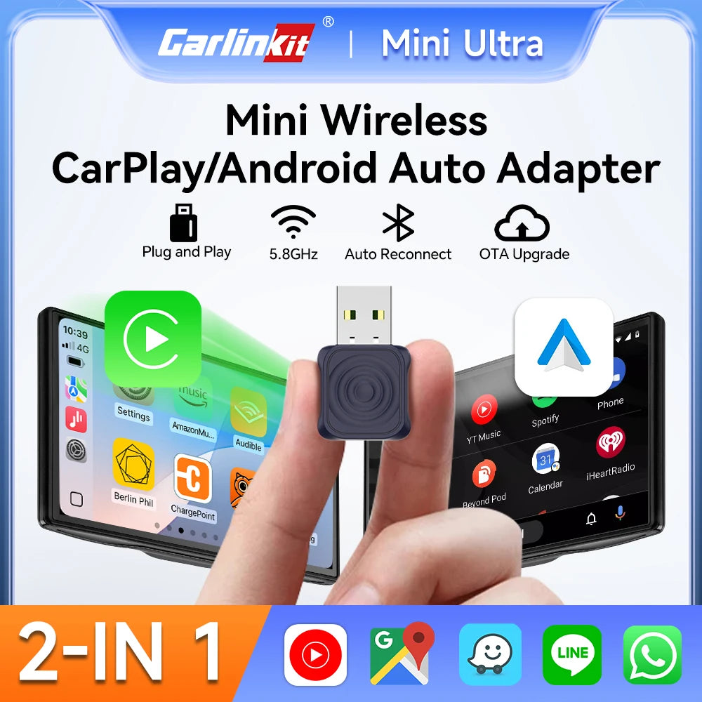 2 in 1 Car Kit 5.0 Ultra Wireless CarPlay Android Auto Adapter