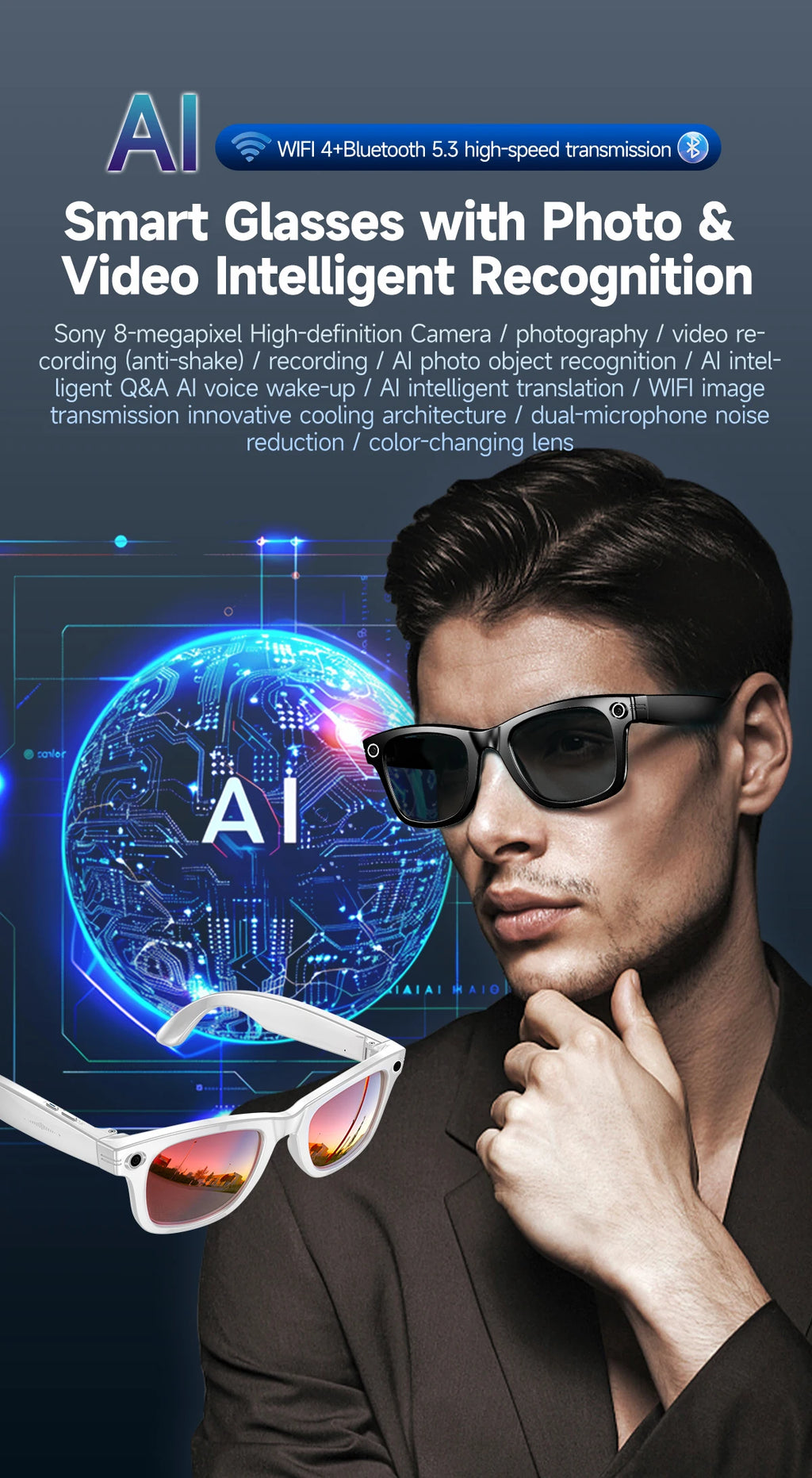 New 800W Camera AI Glasses Men Color-Changing Smart Translation Glasses Photo Video Recording Waterproof Call Smart Sunglasses by Tech-Home Store