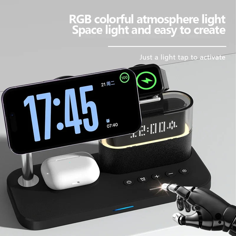 ZenCharge 5-In-1 Wireless Charger Stand Alarm Clock - Fast 15W Charging With Magnetic Alignment And RGB Night Light by Tech-Home Store