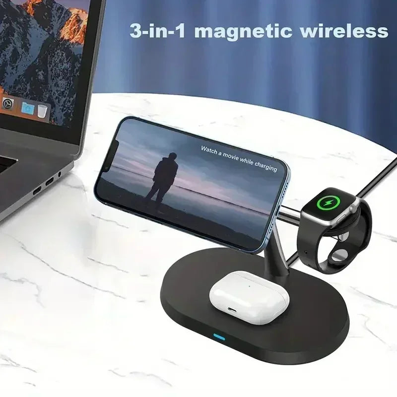 MagCharge Magnetic Wireless Charger Stand 3-In-1 For IPhone 12 Through 16 Pro Apple Watch And AirPods - 15W Fast Charging by Tech-Home Store