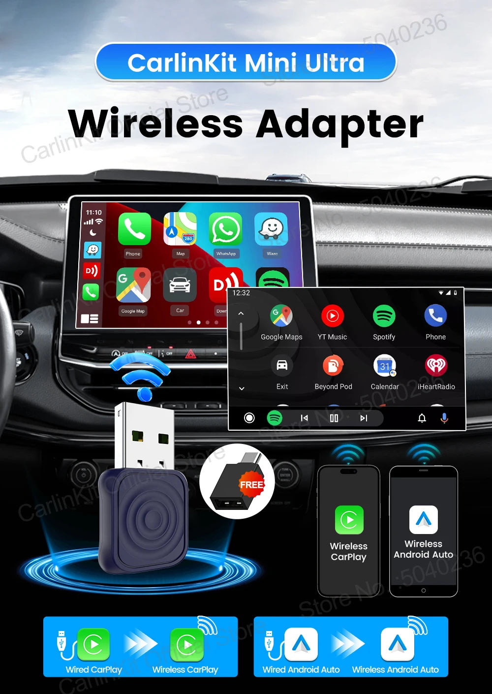 CarlinKit 5.0 Mini Ultra Wireless Adapter Wireless CarPlay Android Auto For OEM Car Plug and Play WiFi Bluetooth Auto Connection by Tech-Home Store