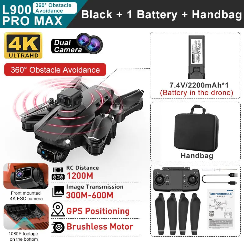 L900 PRO MAX 360 Degree Obstacle Avoidance GPS Drone - Dual 4K Cameras, 5G WiFi FPV, Foldable RC Quadcopter by Tech-Home Store