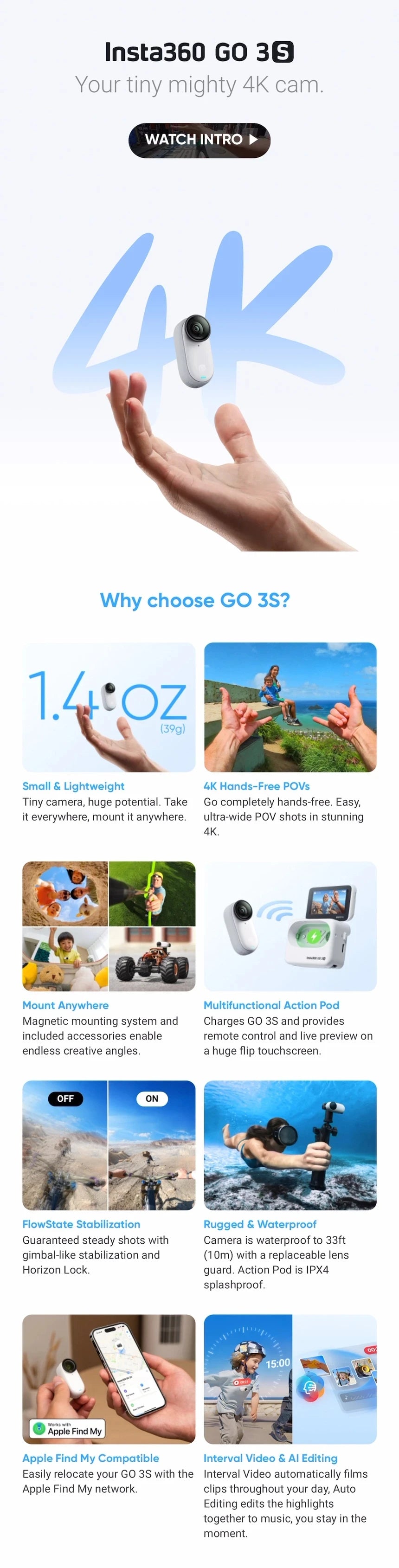 Original Insta360 GO 3S 4K Tiny Portable Vlogging Camera,Hands-Free POVs, 10m Waterproof by Tech-Home Store