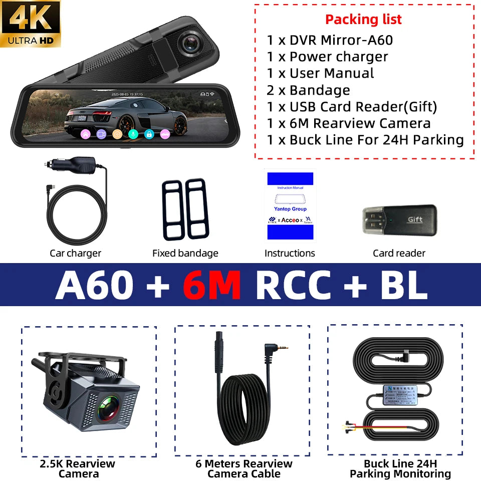 E-ACE 4K Dashcam 9.66'' Mirror Dash Car Camera 2.5K Rear Camera Support WIFI GPS ADAS Touch Screen Video Recorder Black Box by Tech-Home Store