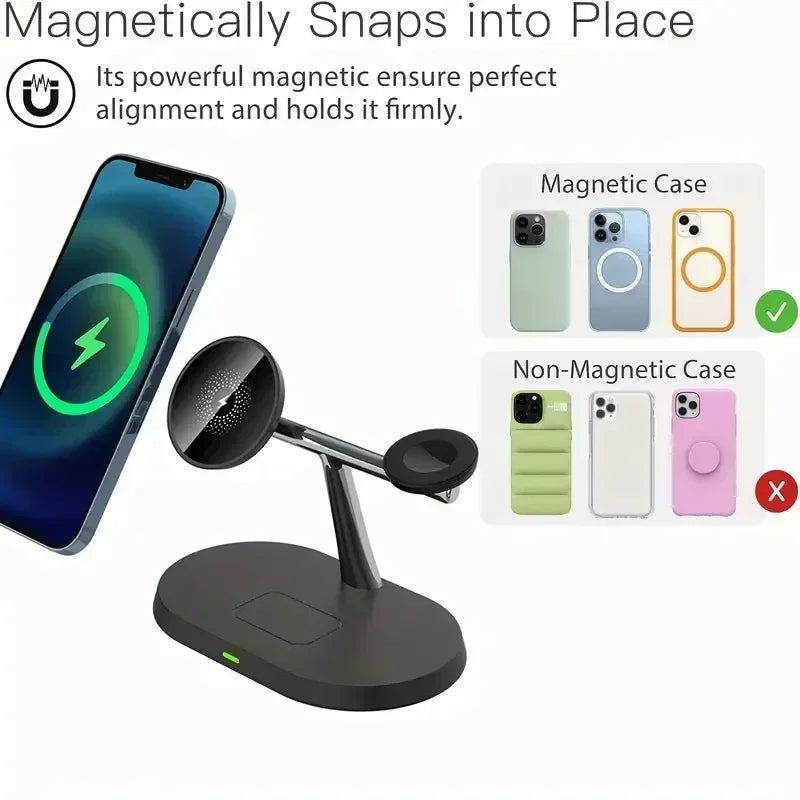 MagCharge Magnetic Wireless Charger Stand 3-In-1 For IPhone 12 Through 16 Pro Apple Watch And AirPods - 15W Fast Charging by Tech-Home Store